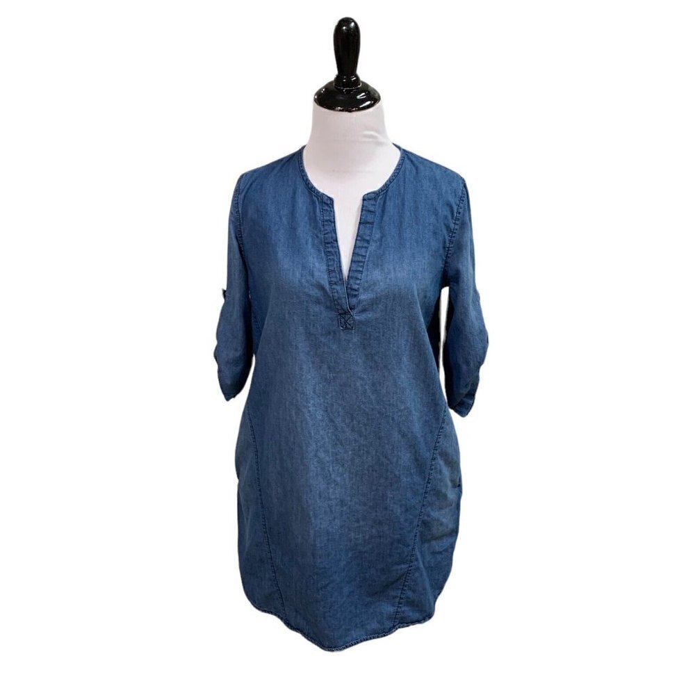 Paper Crane Women's Tunic Top M Medium Chambray Roll Tap Sleeve Blue Lightweight